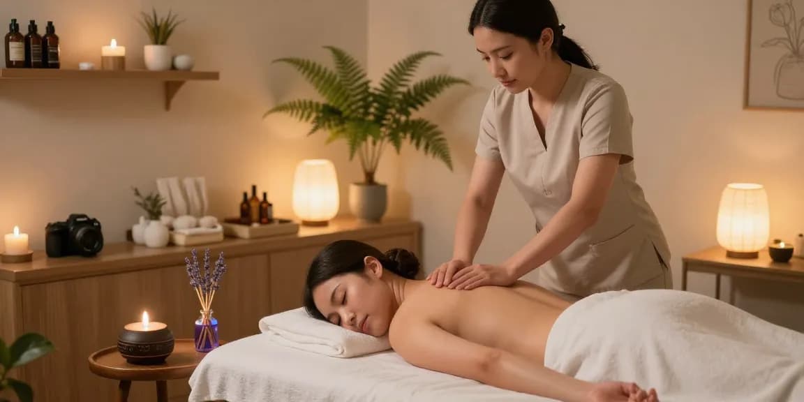 길동출장안마 - Relaxing massage therapy scene in a tranquil spa setting with warm lighting and essential oils.