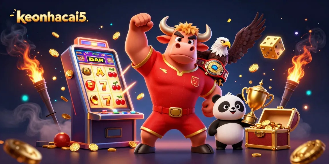 Engage with keonhacai5's thrilling casino action featuring a victorious bull mascot and friends.