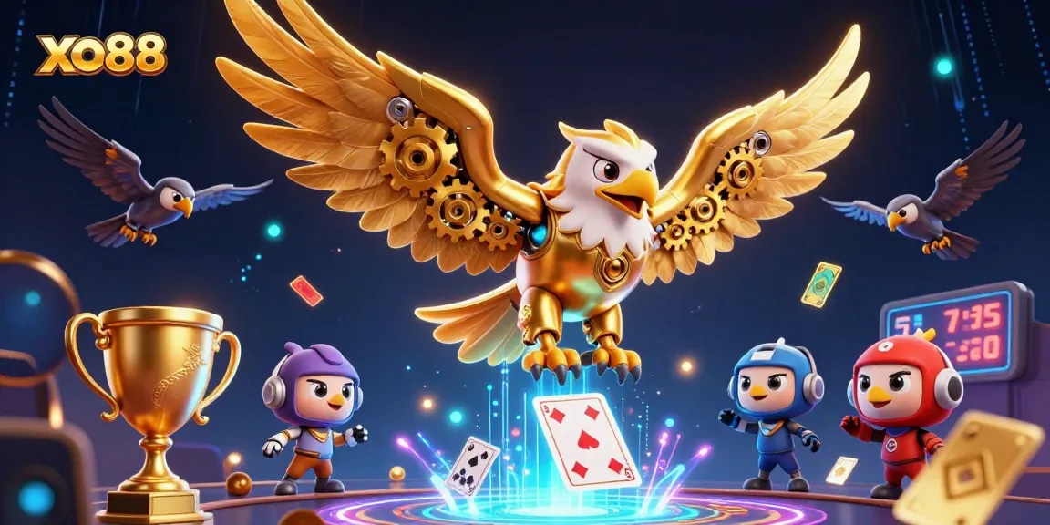 Experience dynamic gameplay with xo88 featuring a cybernetic eagle and vibrant casino elements.