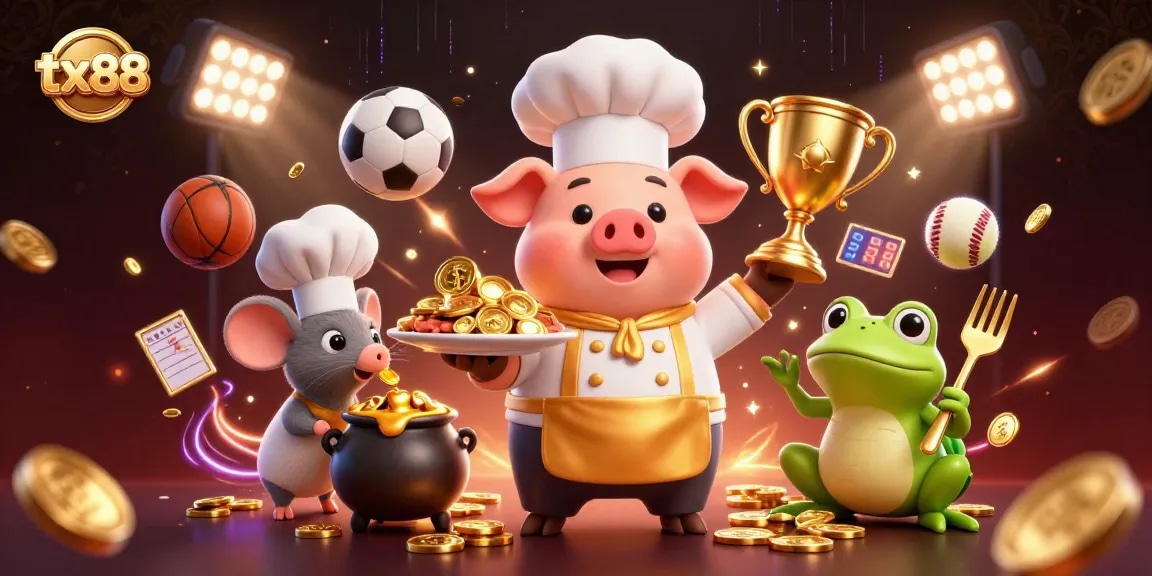 Experience winning at tx88 with a vibrant 3D illustration of a culinary casino adventure.