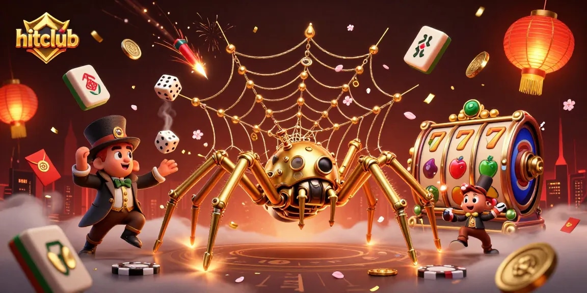 hitclub's imaginative casino chaos, featuring a golden spider, floating tiles, and vibrant game's elements