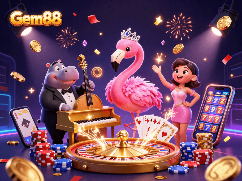 Experience Gem88 with vibrant casino energy, featuring a flamingo singer and a hippo bassist