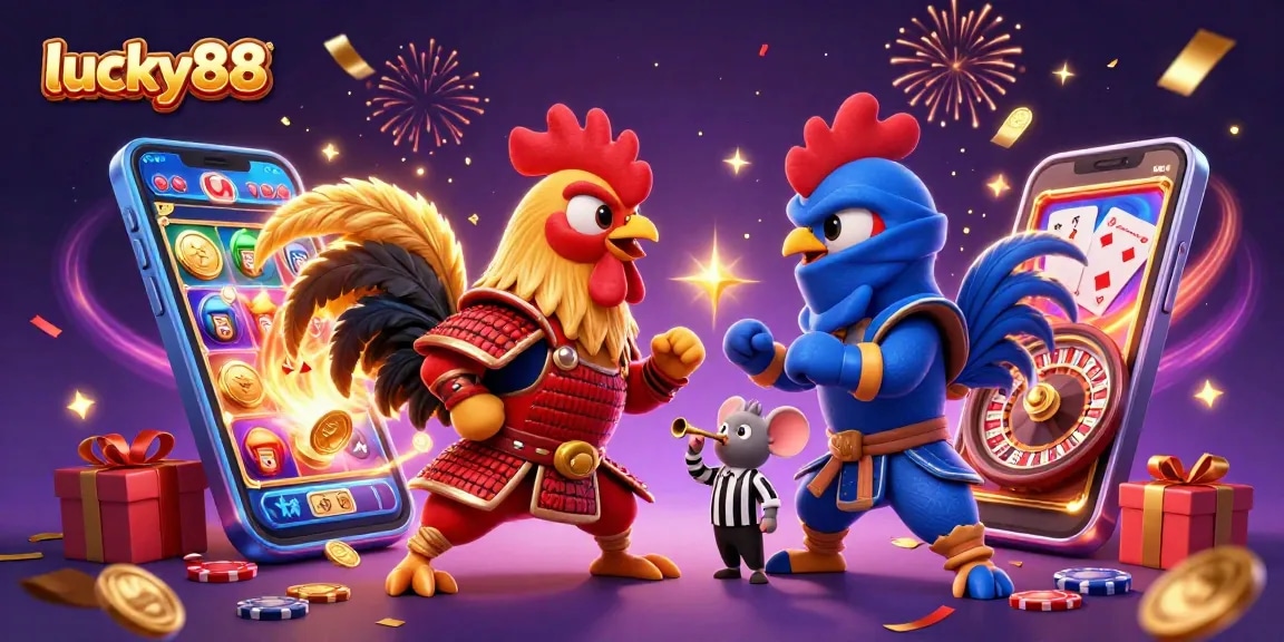 Experience lucky88 with animated roosters, exciting games, and vibrant actions in a thrilling gambling scene.