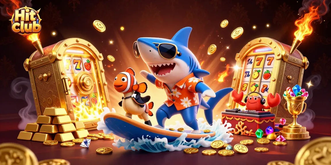Engage with the Hit club experience of vibrant luck, gold coins, and slot action in this dynamic casino scene.