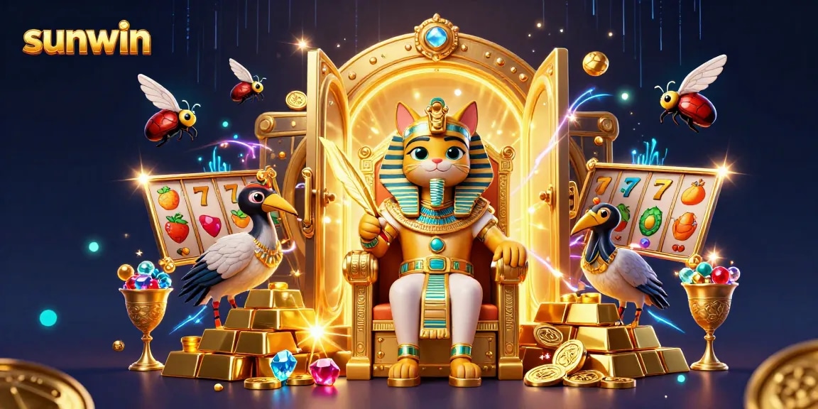 Experience the vibrant world of sunwin's slots, featuring dynamic 3D illustration with Egyptian pharaoh cat.