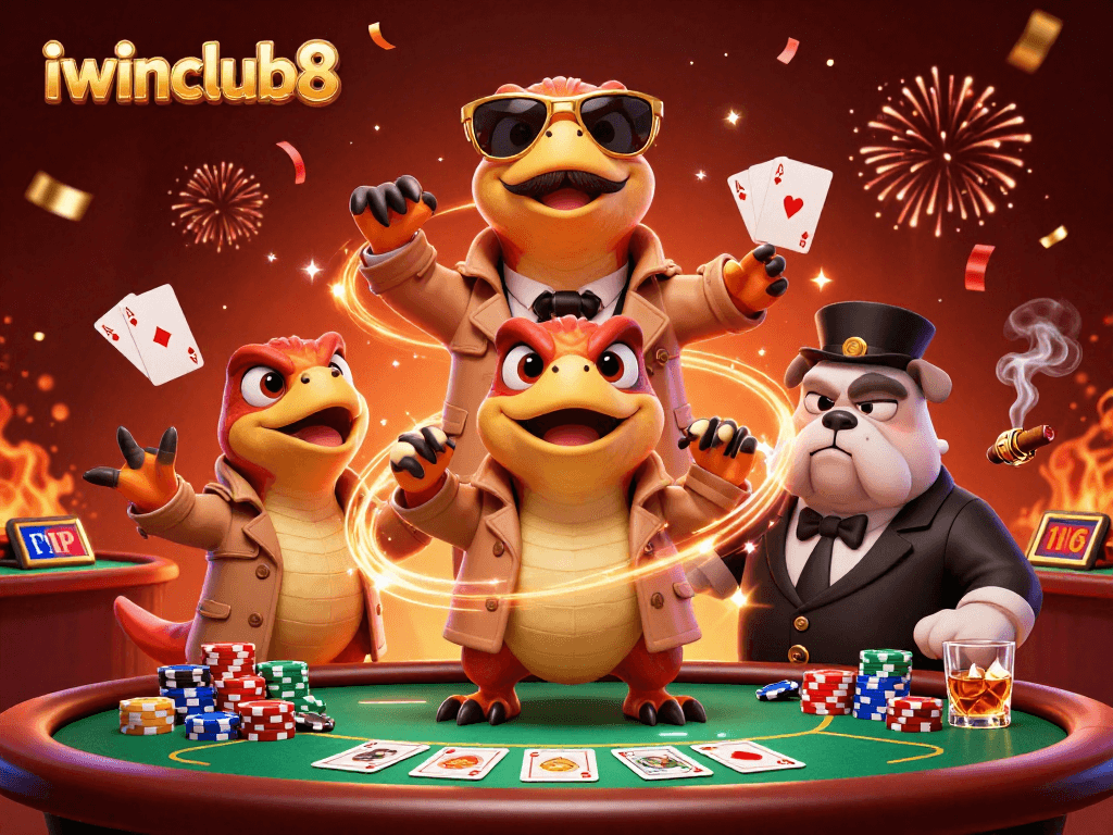 Three raptors in a trench coat at a casino, embodying iwinclub8's playful gambling theme.