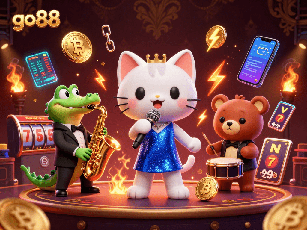 Engage with go88's vibrant casino scene featuring a jazz-singer cat, saxophone croc, and drumming bear.