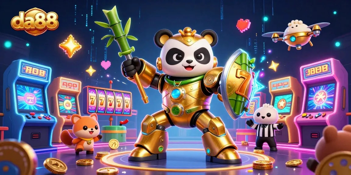 da88 offers vibrant slot gaming action with a golden panda robot in an energetic 3D arena.