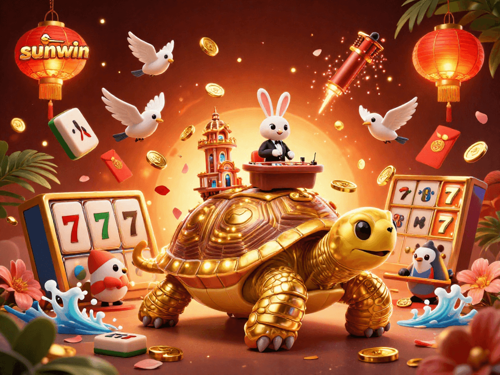 Experience thrilling wins with sunwin at a vibrant 3D casino scene featuring a golden tortoise.