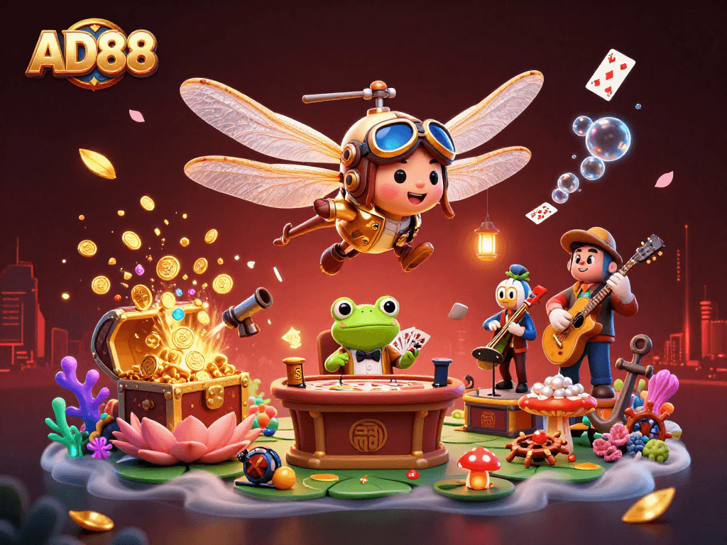 Engage in thrilling gameplay with AD88's vibrant underwater casino scene featuring unique characters.