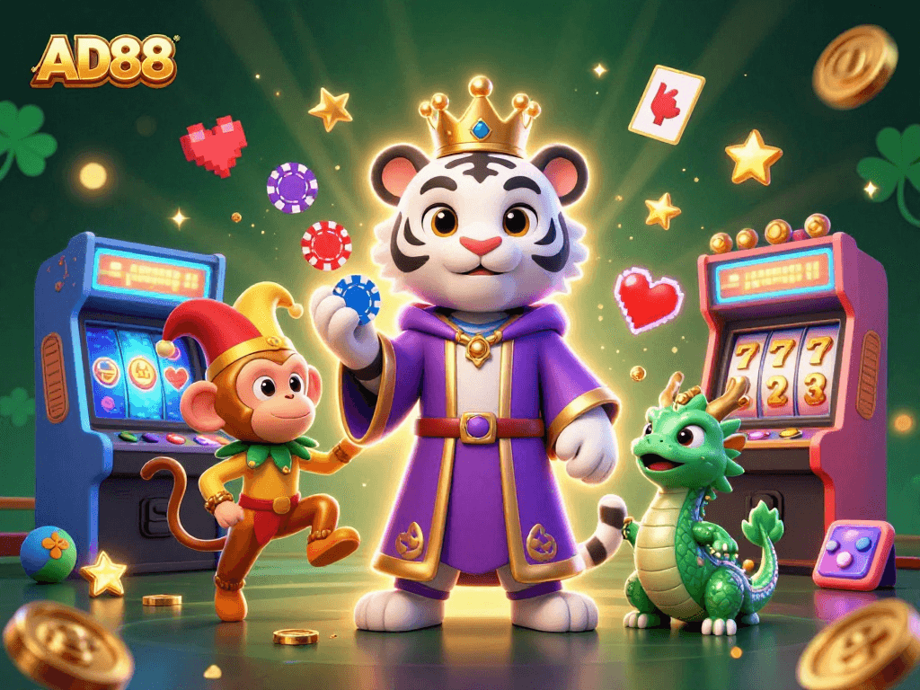 Experience the excitement of AD88 as playful characters enhance the vibrant casino atmosphere.