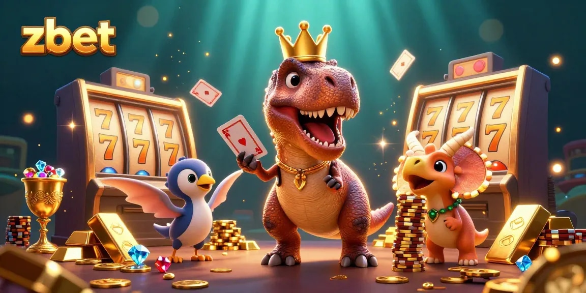 Interact with the zbet casino scene featuring a T-Rex card shuffling and triceratops stacking chips.