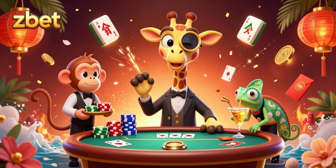 Engage with zbet's thrilling poker scene featuring vibrant characters and dynamic casino elements.