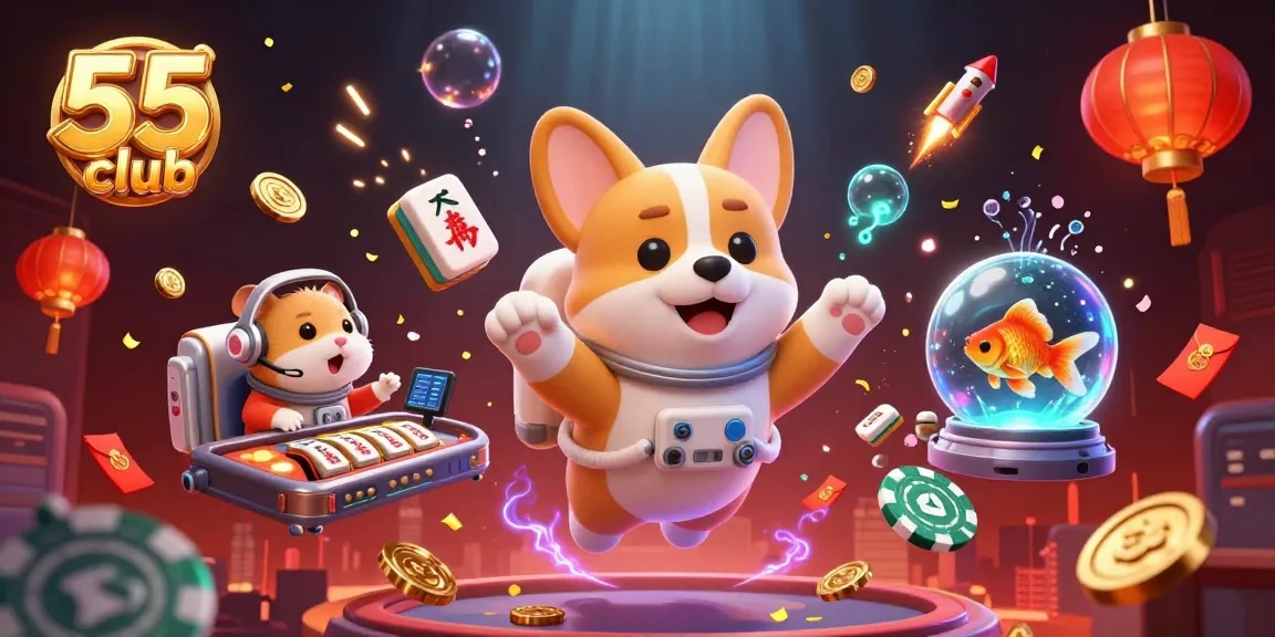 Experience thrilling gameplay at 55 club, featuring a vibrant casino scene with fun characters.