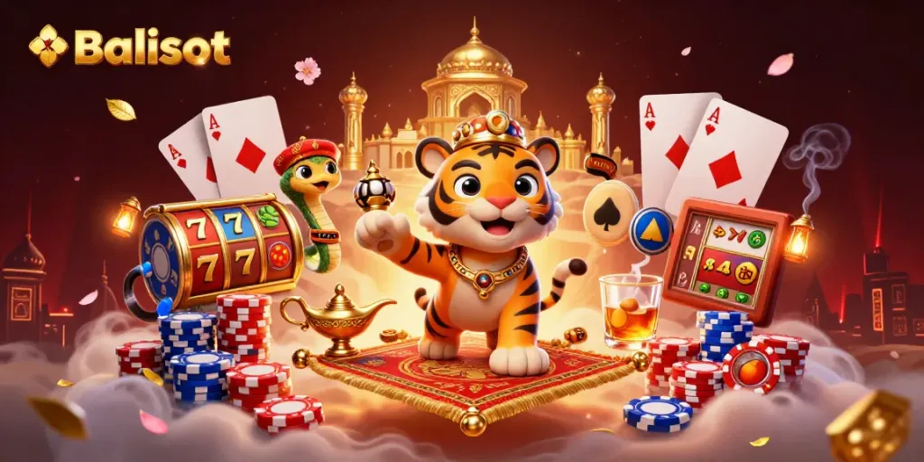 Experience Balislot in a vibrant 3D illustration with a sultan, treasures, and casino elements.