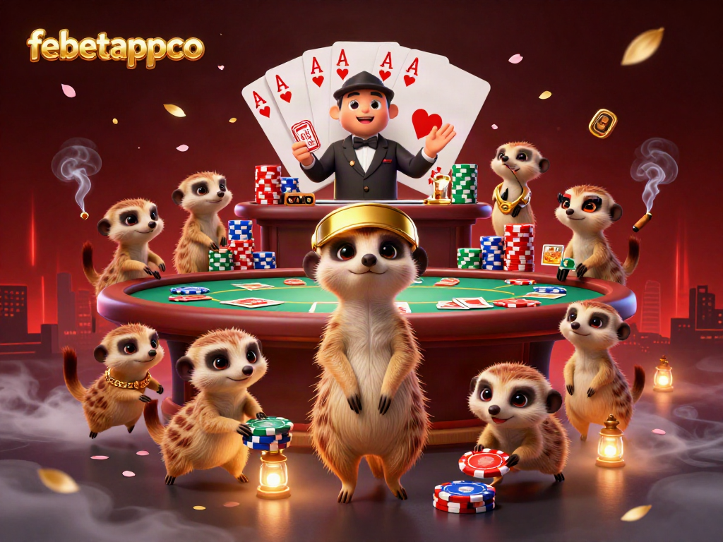 Experience thrilling gameplay at febetappco as meerkats manage a casino with vibrant poker tables and chips.