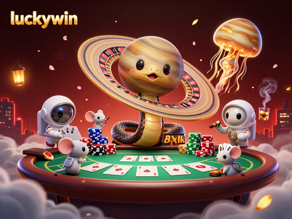 Playing bets around luckywin's roulette in a vibrant 3D casino scene with animated characters.