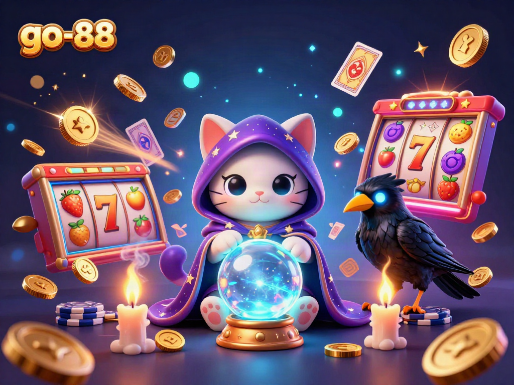 Experience vibrant casino thrills with the go-88 mystic cat in a magical slot game illustration.