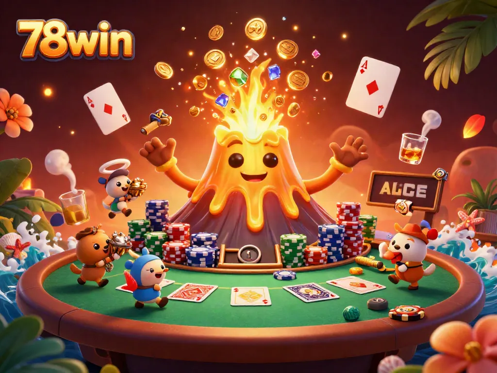 Join the excitement at 78win with a triumphant volcano and treasure-filled scene of thrilling poker!
