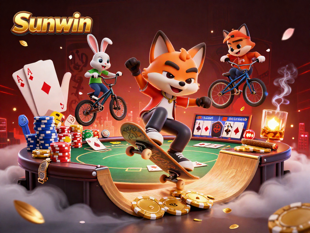 Engage with Sunwin's thrilling world as a skateboarder and BMX rabbit navigate a vibrant casino scene.