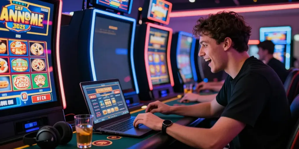 Exciting online gaming moment featuring a player engaging with da88 casino on their laptop, surrounded by vibrant graphics and gaming elements.
