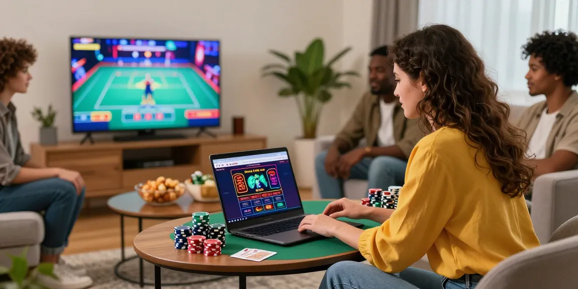 Friends enjoying an online gaming night at a non UK casino in a cozy living room.