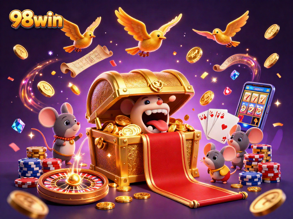 Engage with the dynamic excitement of 98win's colorful casino scene, featuring treasures and gaming elements.