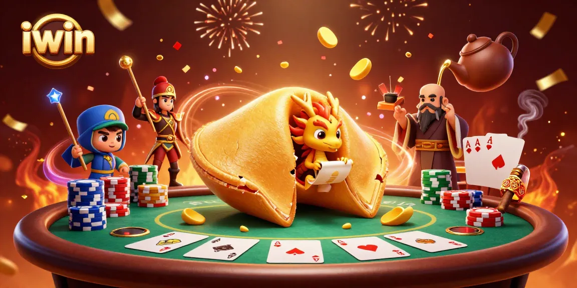 iwin-themed casino artwork featuring a dragon and fortune cookie amidst poker elements.