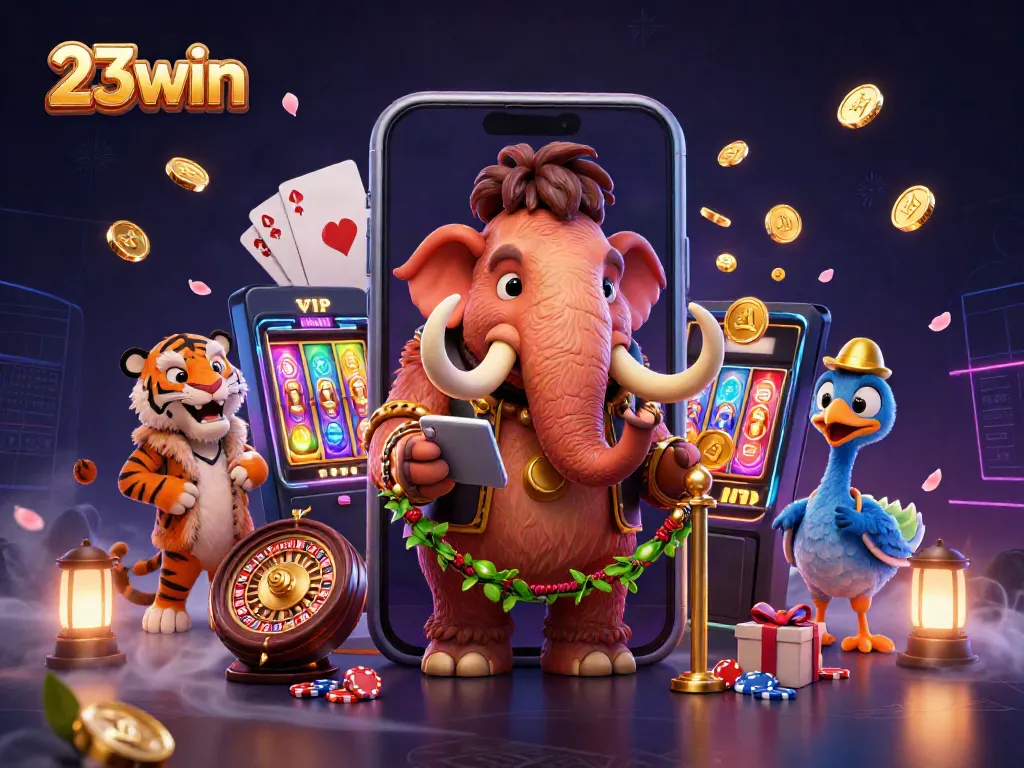 Experience exciting 23win games with a woolly mammoth bouncer and saber-tooth VIP in a colorful casino scene.