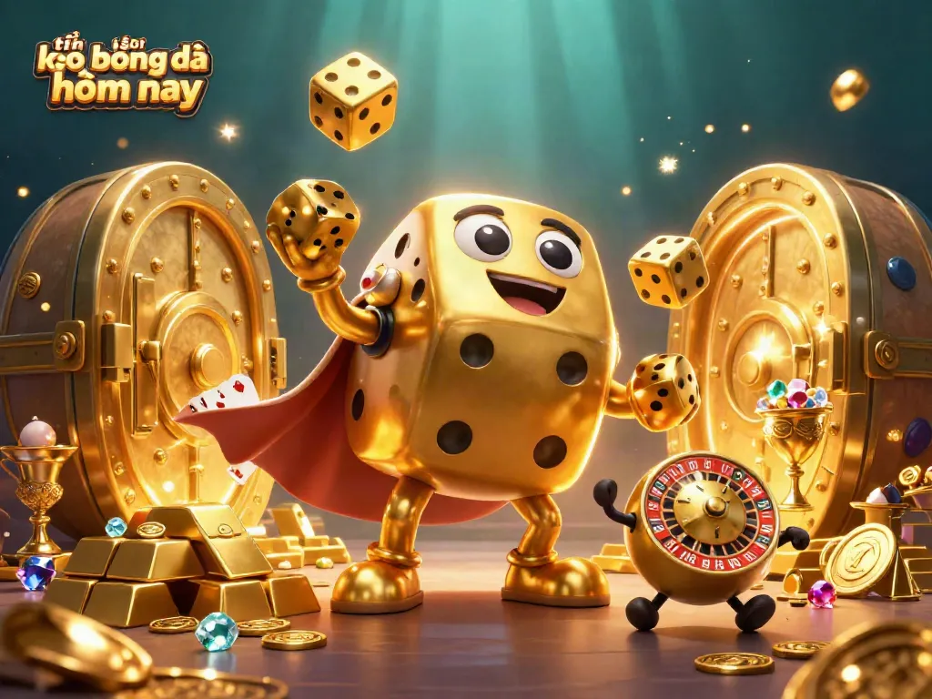 Experience dynamic sports betting excitement with tin soi kèo bóng đá hôm nay featuring golden dice, treasures, and vibrant illustrations.