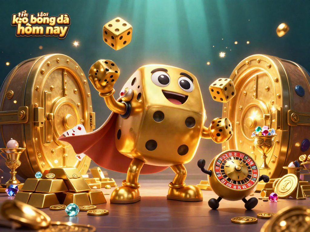 Experience dynamic sports betting excitement with tin soi kèo bóng đá hôm nay featuring golden dice, treasures, and vibrant illustrations.