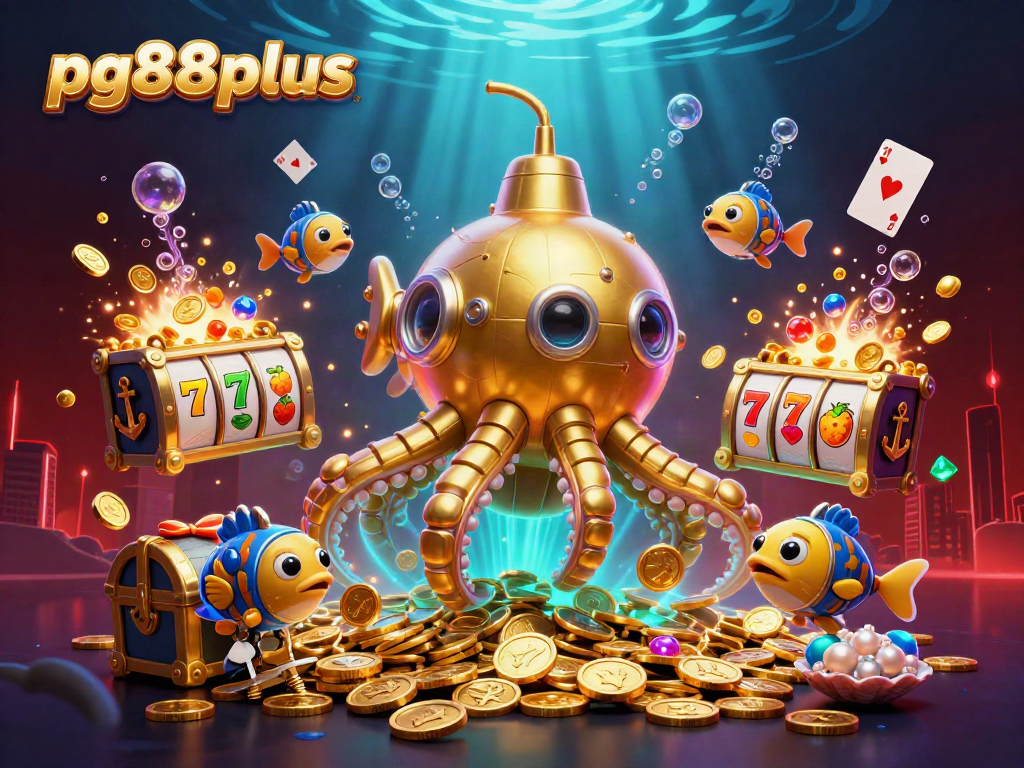 pg88plus showcases vibrant 3D underwater casino scene with kraken, gold coins, and slot reels
