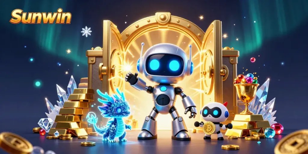 Engage in thrilling gameplay with Sunwin as a futuristic robot mascot, AI dragon, and drone symbolizing wealth and excitement.