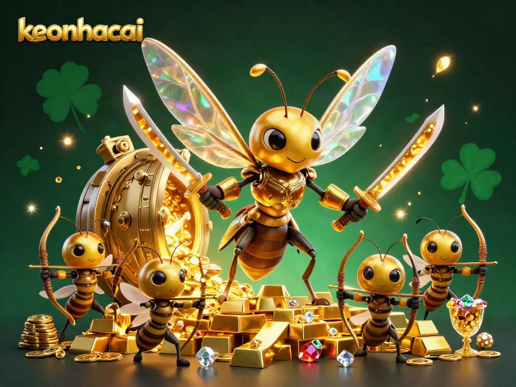 Experience keonhacai's vibrant illustration showcasing a giant hornet samurai surrounded by treasure and bee archers.