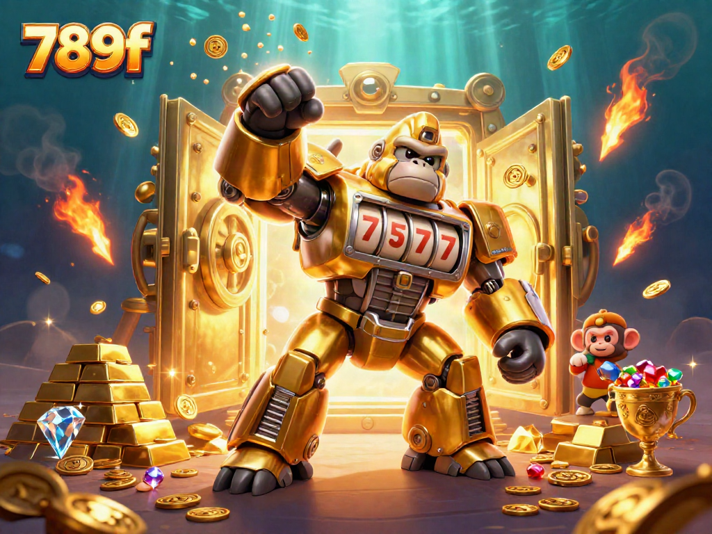 Experience thrilling wins with 789f's vibrant golden gorilla mech smashing into jackpot treasures!