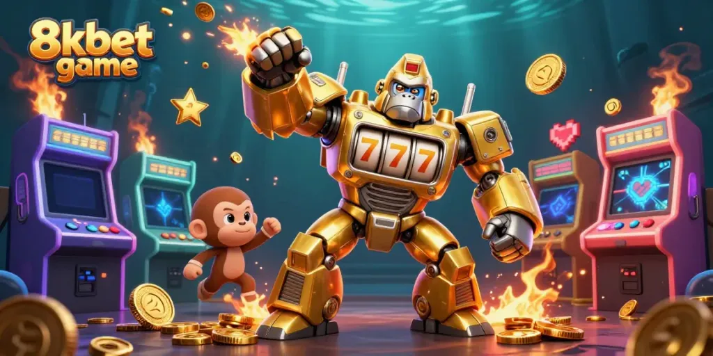 Experience the thrill of the 8xbet game with a golden gorilla mech amidst vibrant arcade elements.