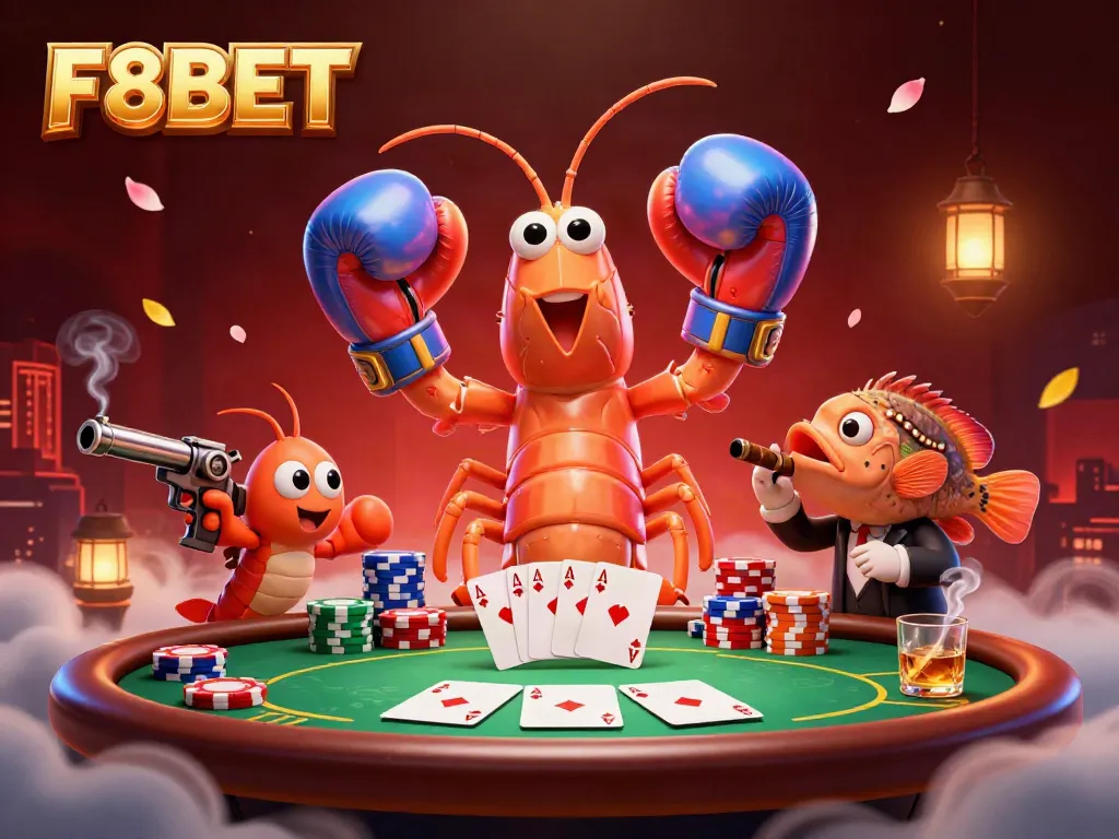 Join the excitement at F8BET with a fierce gaming scene featuring vibrant characters and poker elements.