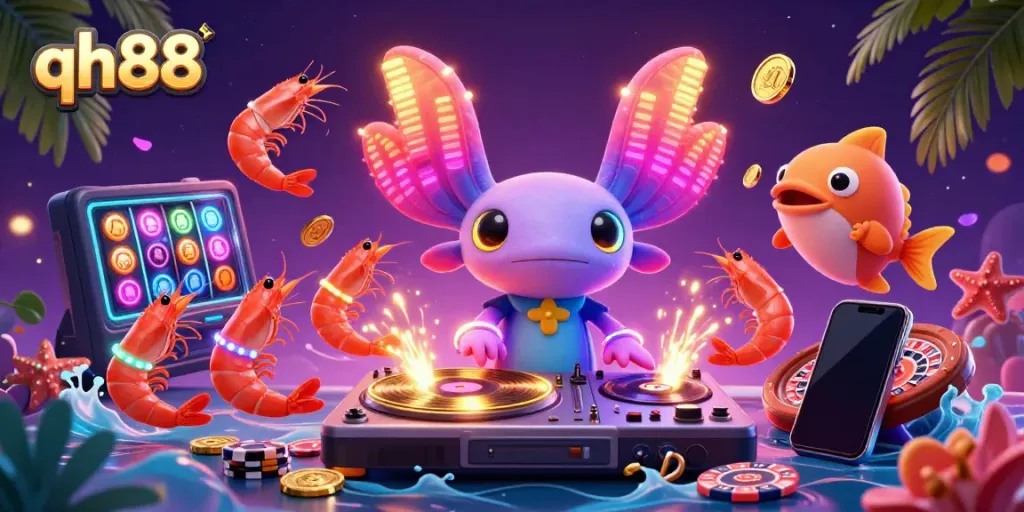 Engage with qh88's vibrant casino scene featuring dynamic animated characters and exciting game elements.
