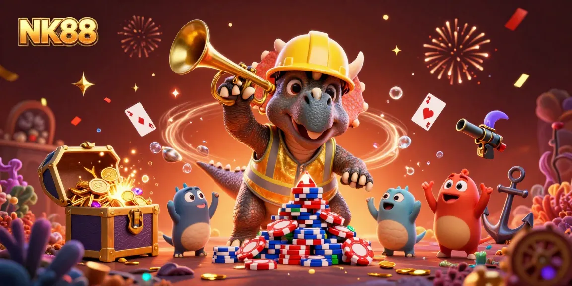 Join the fun at NK88 while a triceratops builds poker chip towers in celebration