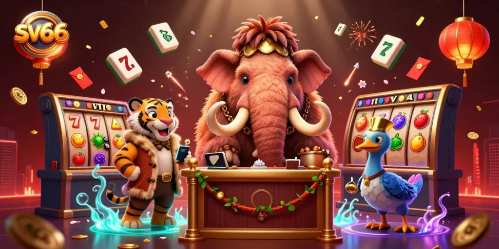 sv66 engaging scene with woolly mammoth bouncer and VIP elements in a vibrant casino