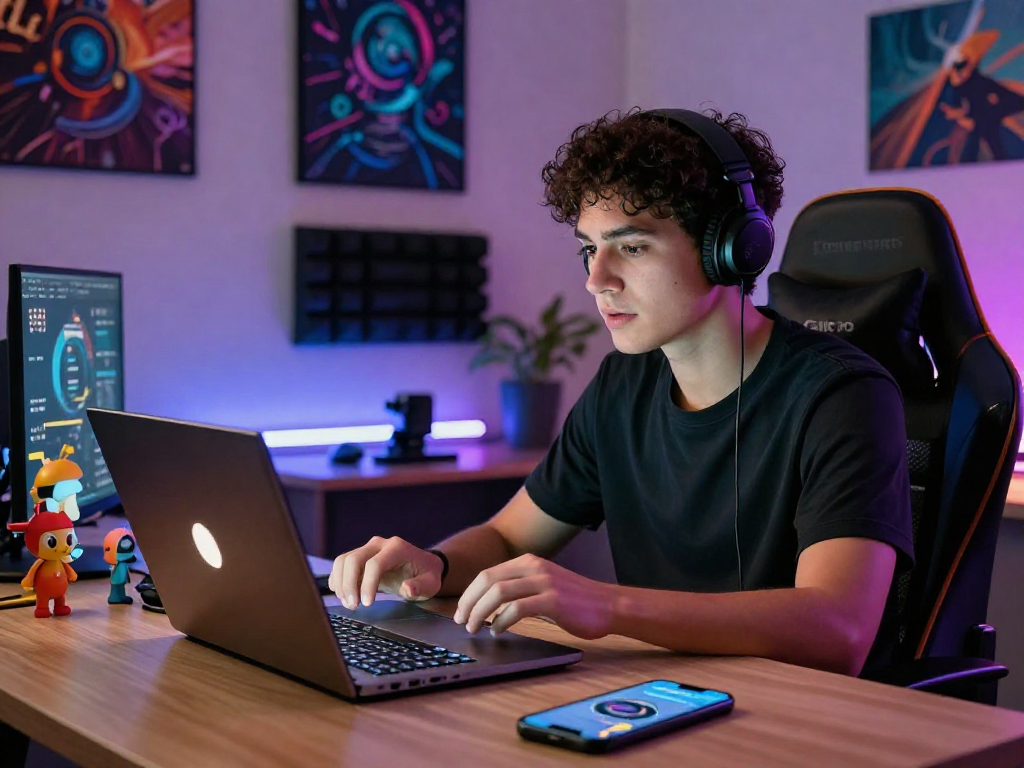 Engaging NSFW AI chat scene with vibrant tech setup and warm glow.