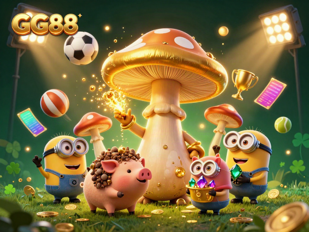 Experience the magic of GG88 with a golden mushroom wizard and treasure-hunting pig in a vibrant casino scene.