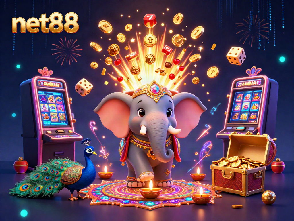 Experience the excitement of net88 with colorful gaming elements and joyous characters in a vibrant casino scene.