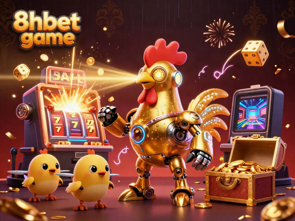 Experience the thrilling atmosphere of the 8xbet game with a golden rooster robot and baby chick drones in a vibrant casino setting.
