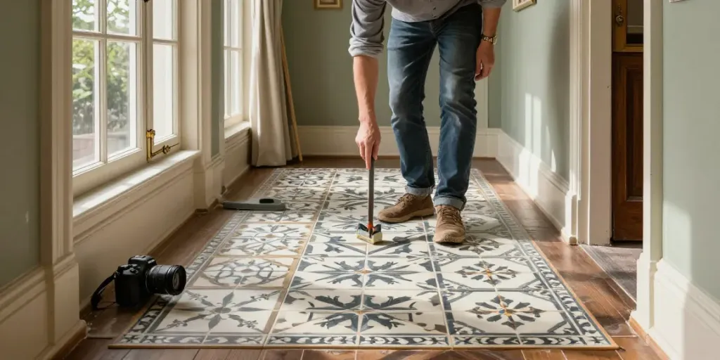 Victorian floor tiles being laid in a stunning Victorian hallway, showcasing elegant geometric patterns.