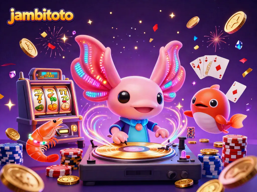 Experience fun with jambitoto's vibrant underwater casino scene featuring DJ axolotl and colorful game elements.