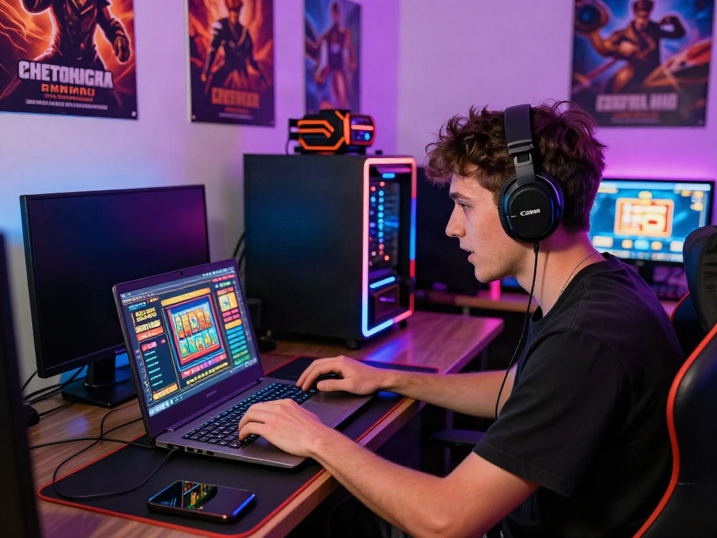 Gamer enjoying slot games while surrounded by vibrant gaming decor.