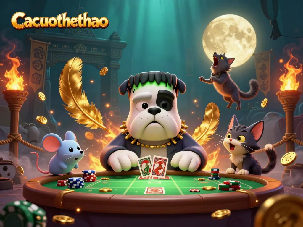 Cacuocthethao showcases a vibrant sports betting scene with fantastical characters engaging in card games.