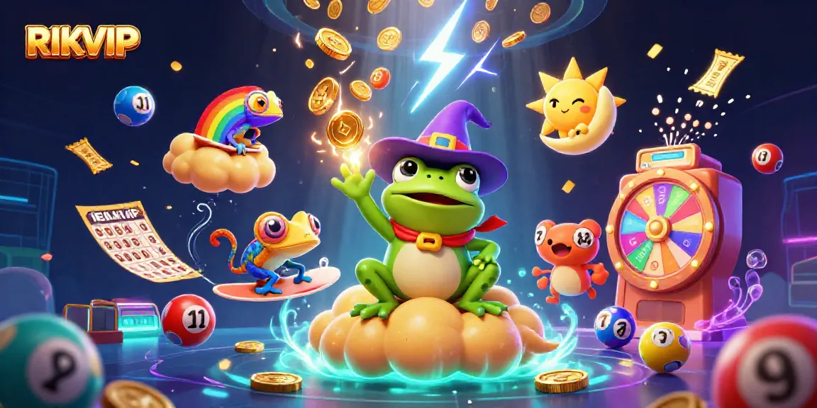 RIKVIP showcases a vibrant storm of golden coins and animated characters in a dynamic casino scene.