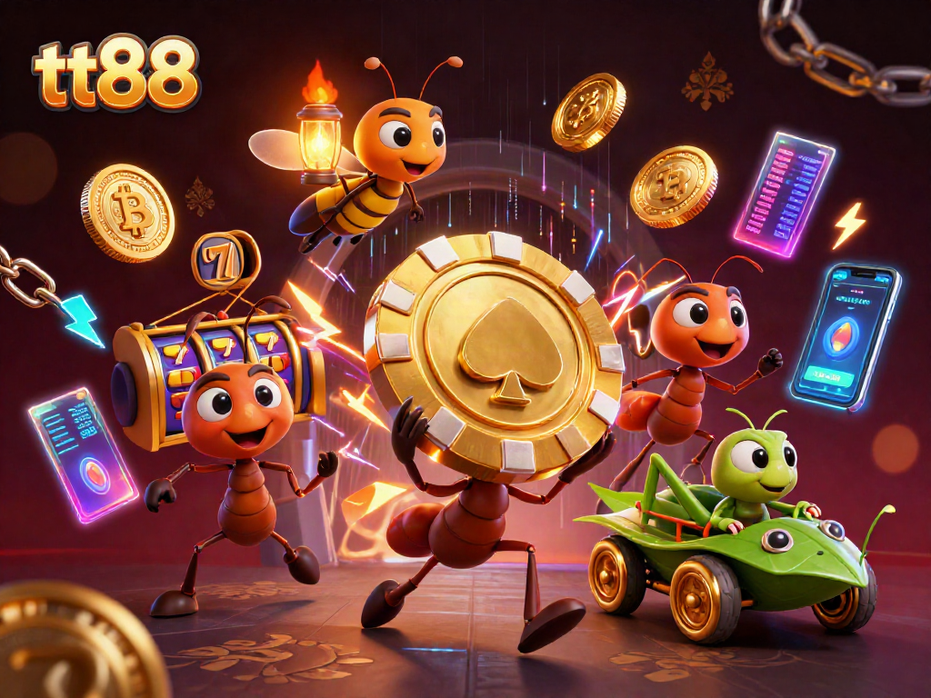 tt88 casino heist scene featuring animated ants carrying poker chip and digital gaming elements